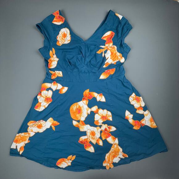 eShakti Embroidered Floral Fit & Flare Dress 26W Blue Orange Cotton - Picture 1 of 8